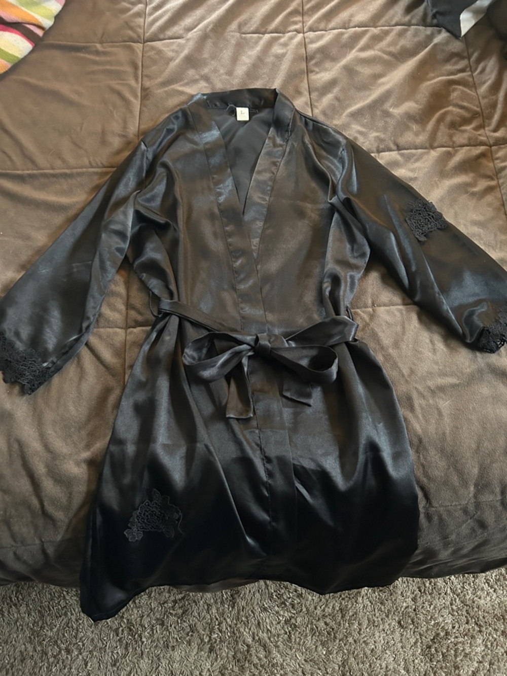 Black Satin Lace-Trim Robe - Women Intimates